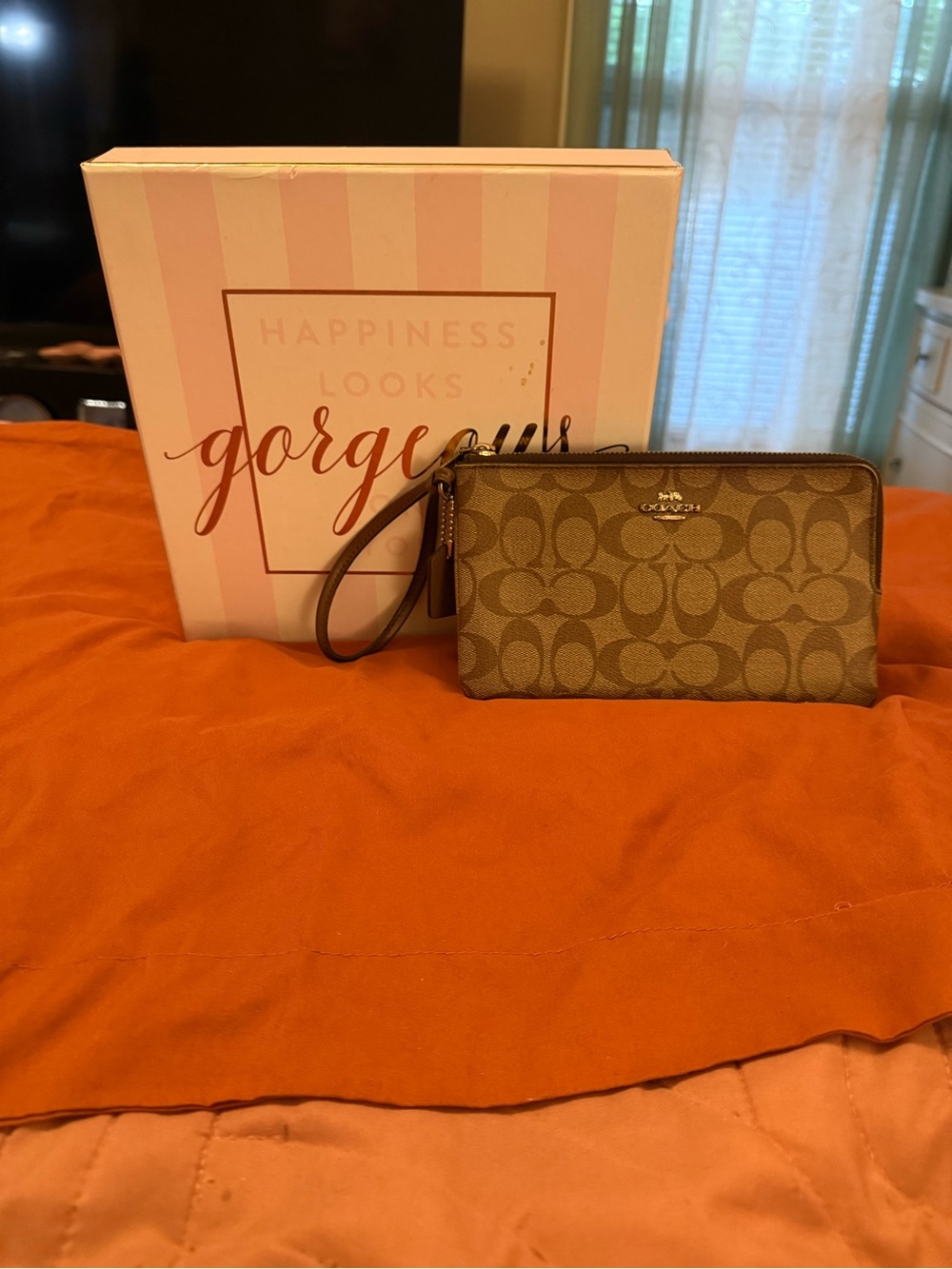 Coach Brown Signature Canvas Wristlet with Tan Accents